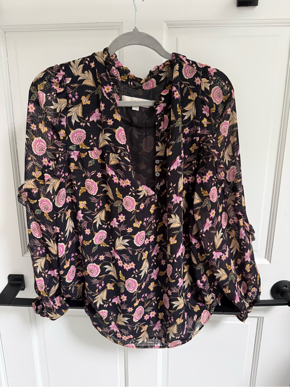 LOFT Black Blouse with Pink and Tan Floral Print